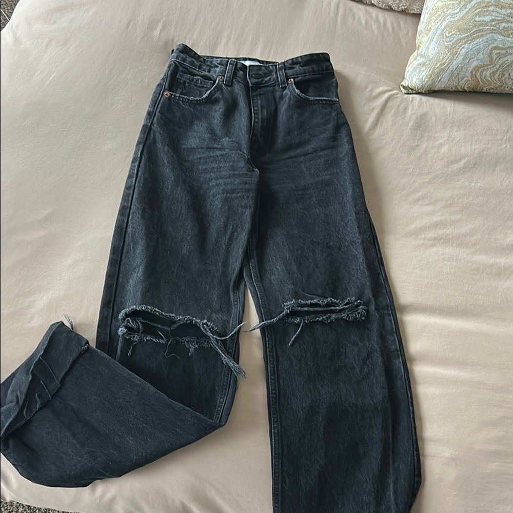 Zara High Waisted Wide Leg Distressed Black Jeans